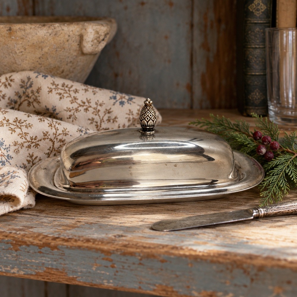 Vintage Silver Tone Covered Butter Dish, Pineapple Finial Cottage Kitchen
